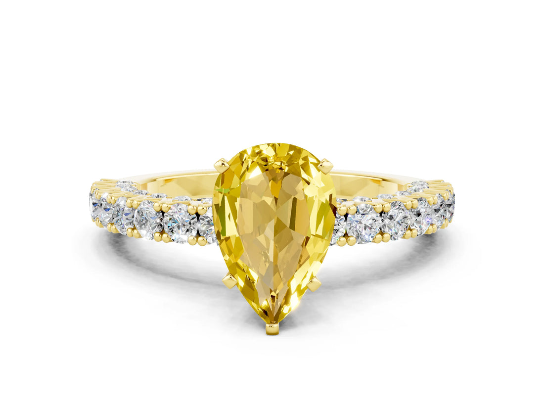 Yellow gold Pear Cut Diamond Pavé Band Solitaire Ring with Prong Setting