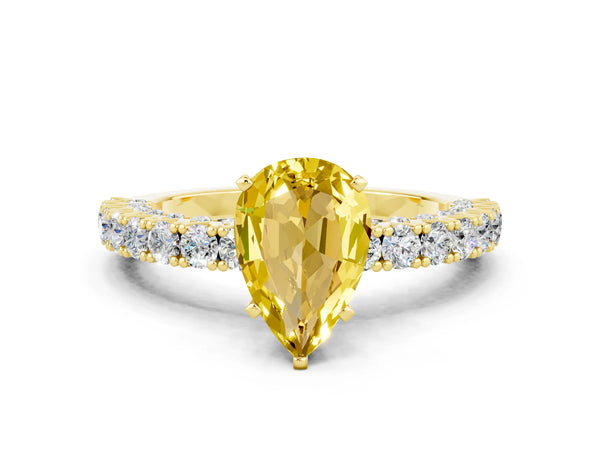 Yellow gold Pear Cut Diamond Pavé Band Solitaire Ring with Prong Setting
