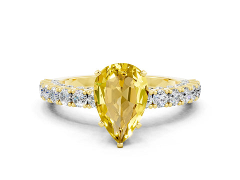 Yellow gold Pear Cut Diamond Pavé Band Solitaire Ring with Prong Setting