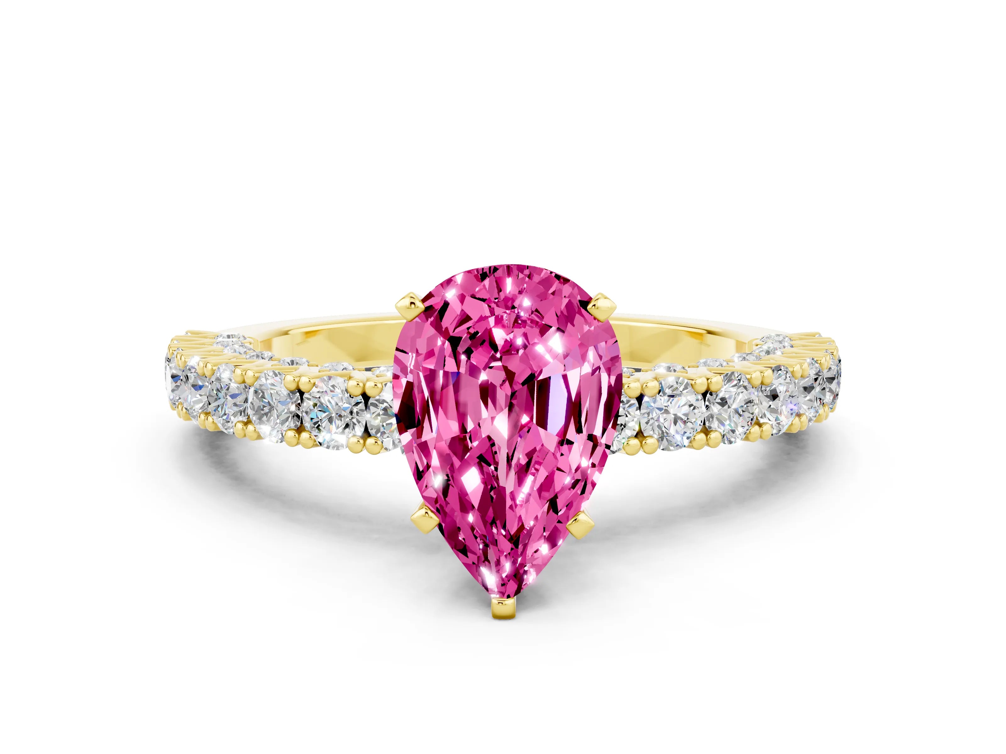 Yellow gold Pear Cut Diamond Pavé Band Solitaire Ring with Prong Setting