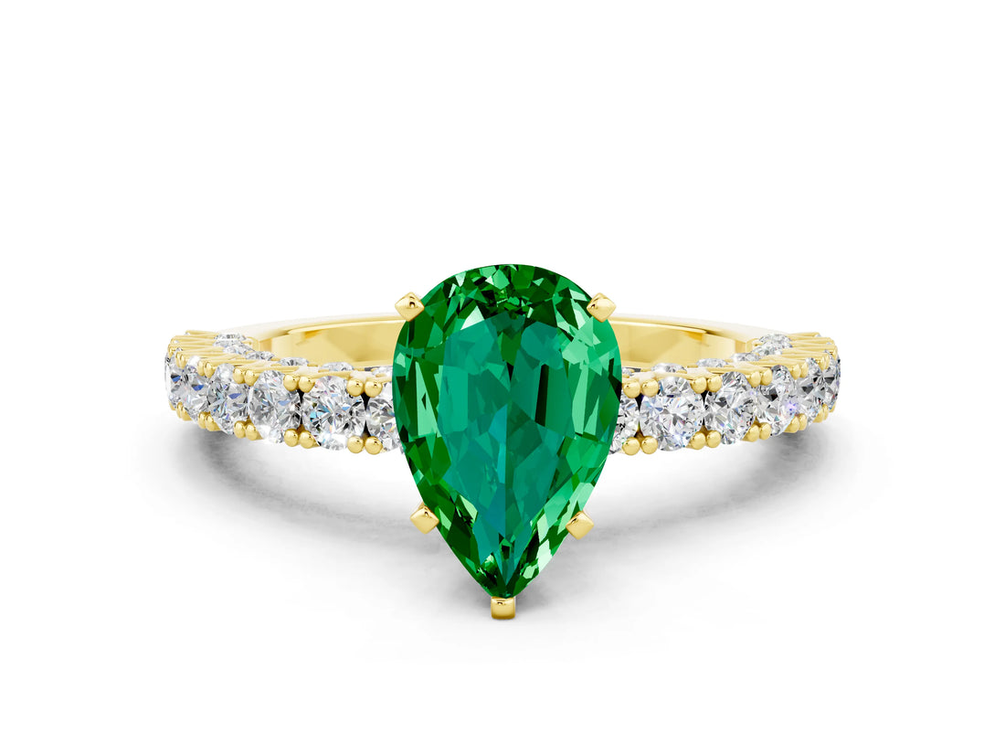 Yellow gold Pear Cut Diamond Pavé Band Solitaire Ring with Prong Setting