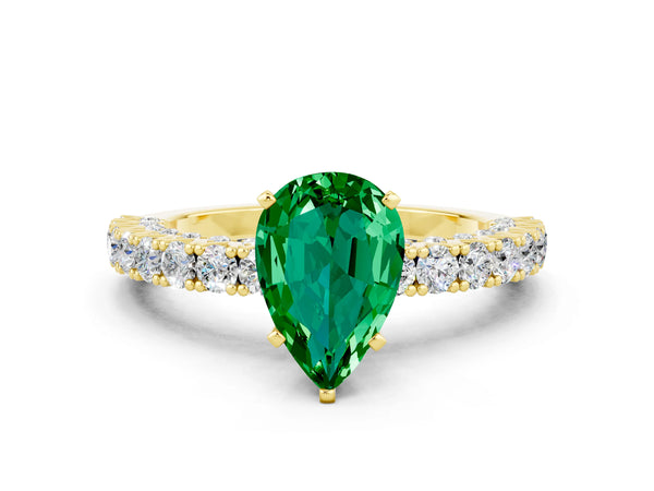 Yellow gold Pear Cut Diamond Pavé Band Solitaire Ring with Prong Setting