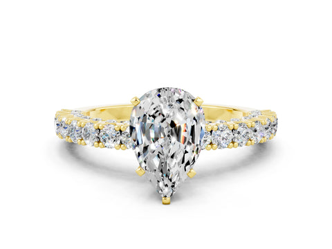 Yellow gold Pear Cut Diamond Pavé Band Solitaire Ring with Prong Setting