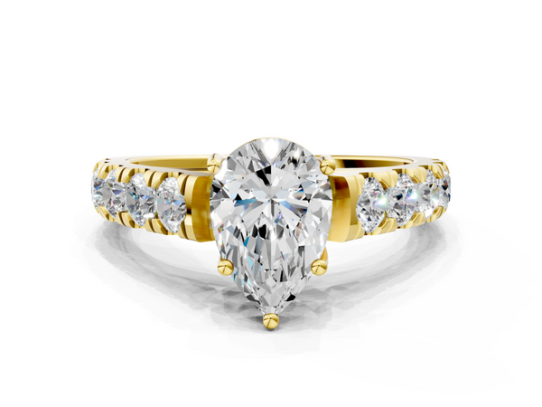 Yellow gold Pear Cut Diamond Solitaire Ring with Micro Pave Band and Prong Setting