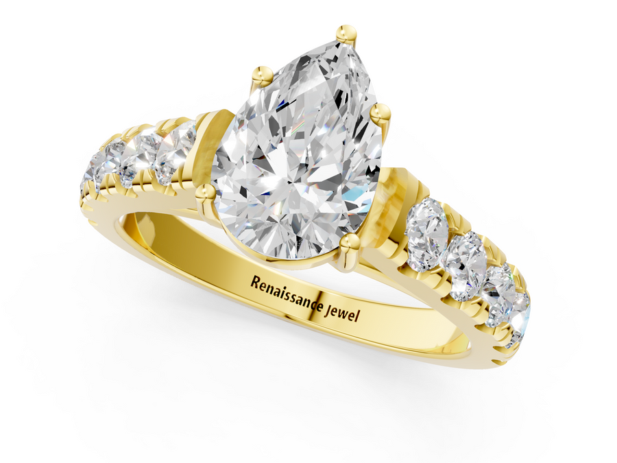 Yellow gold Pear Cut Diamond Solitaire Ring with Micro Pave Band and Prong Setting