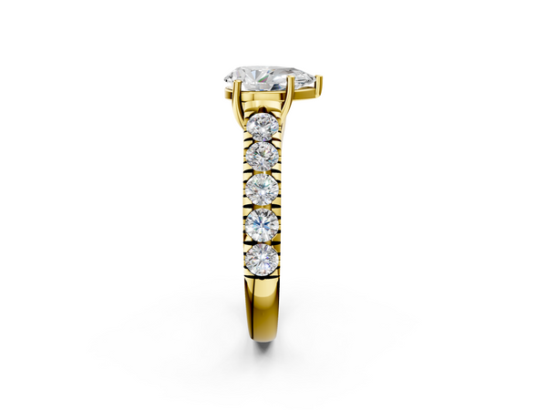 Yellow gold Pear Cut Diamond Solitaire Ring with Micro Pave Band and Prong Setting