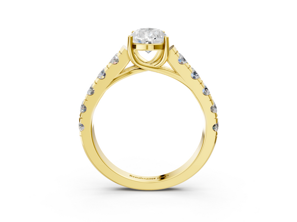 Yellow gold Pear Cut Diamond Solitaire Ring with Micro Pave Band and Prong Setting