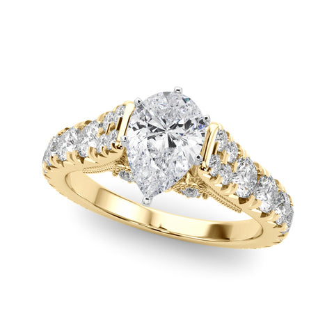 Yellow gold Pear Cut Diamond Pavé Band Solitaire with Four-Prong Setting