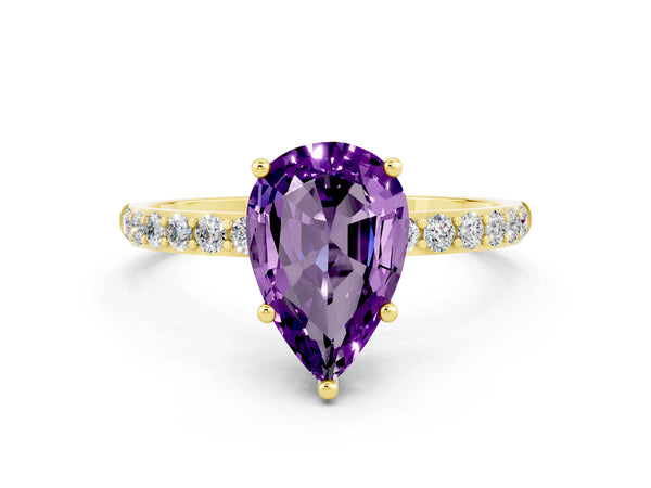 Yellow gold Pear Cut Amethyst Solitaire Ring with Round Pavé Shoulders and Prong Setting