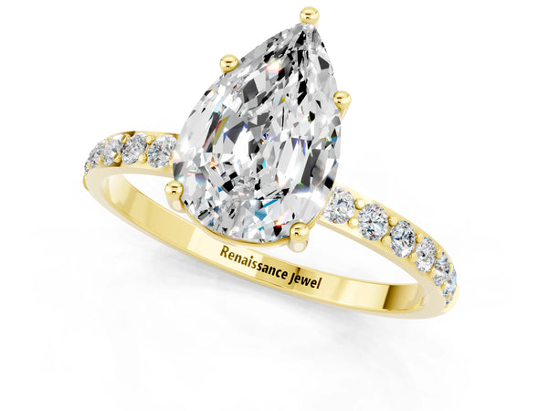 Yellow gold Pear Cut Moissanite Solitaire Ring with Round Pavé Shoulders and Prong Setting