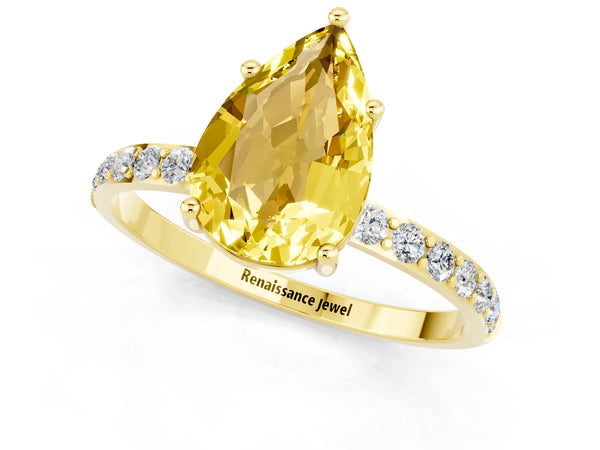Yellow gold Pear Cut Yellow Sapphire Solitaire Ring with Round Pavé Shoulders and Prong Setting