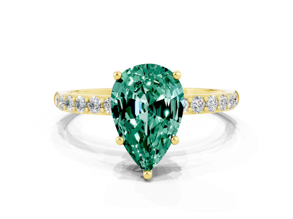 Yellow gold Pear Cut Green Sapphire Solitaire Ring with Round Pavé Shoulders and Prong Setting