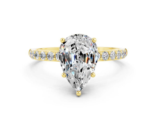 Yellow gold Pear Cut Moissanite Solitaire Ring with Round Pavé Shoulders and Prong Setting