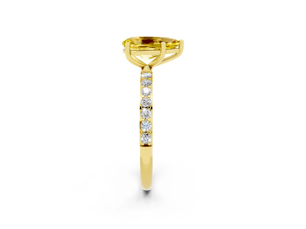 Yellow gold Pear Cut Yellow Sapphire Solitaire Ring with Round Pavé Shoulders and Prong Setting