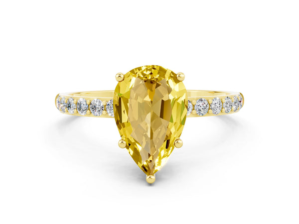 Yellow gold Pear Cut Yellow Sapphire Solitaire Ring with Round Pavé Shoulders and Prong Setting