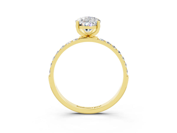 Yellow gold Pear Cut Moissanite Solitaire Ring with Round Pavé Shoulders and Prong Setting