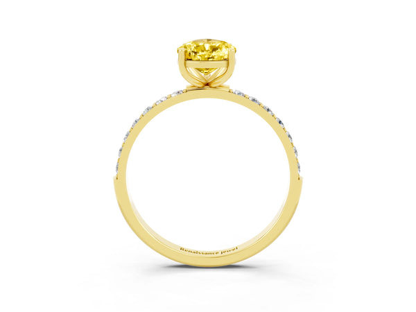Yellow gold Pear Cut Yellow Sapphire Solitaire Ring with Round Pavé Shoulders and Prong Setting