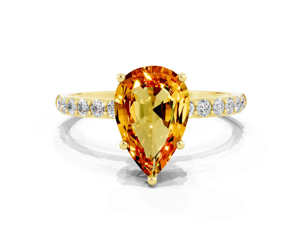 Yellow gold Pear Cut Citrine Solitaire Ring with Round Pavé Shoulders and Prong Setting