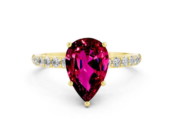 Yellow gold Pear Cut Garnet Solitaire Ring with Round Pavé Shoulders and Prong Setting