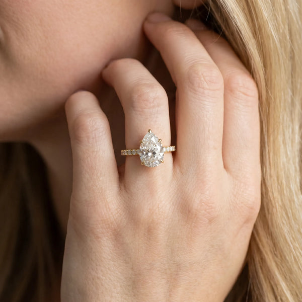 Yellow Gold Pear-Shaped Hidden Halo Pave Engagement Ring Setting with Slim Accent Band
