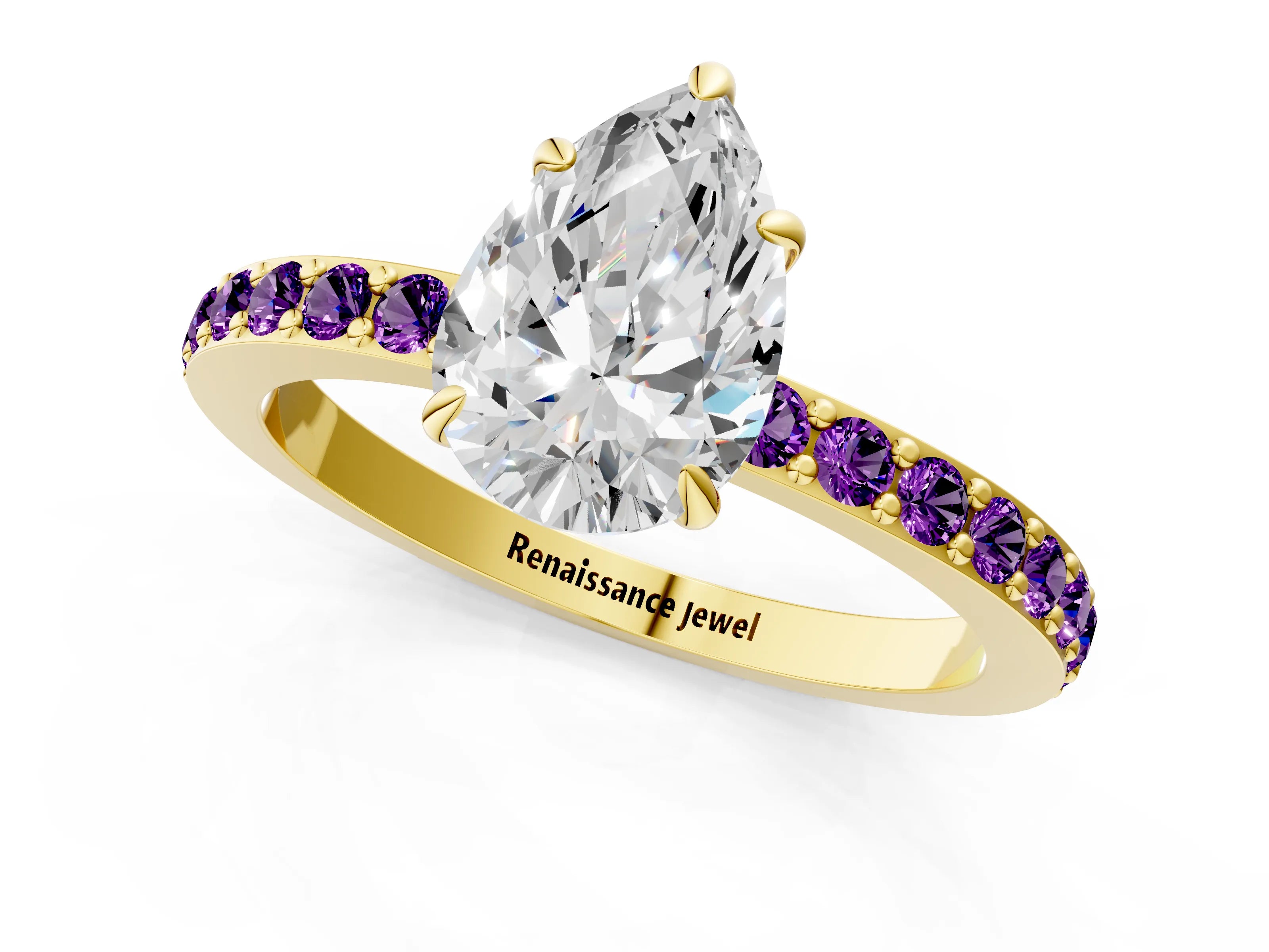 Yellow gold Pear Cut Diamond Pavé Engagement Ring with Round with Amethyst side stone Accents and Prong Setting_1
