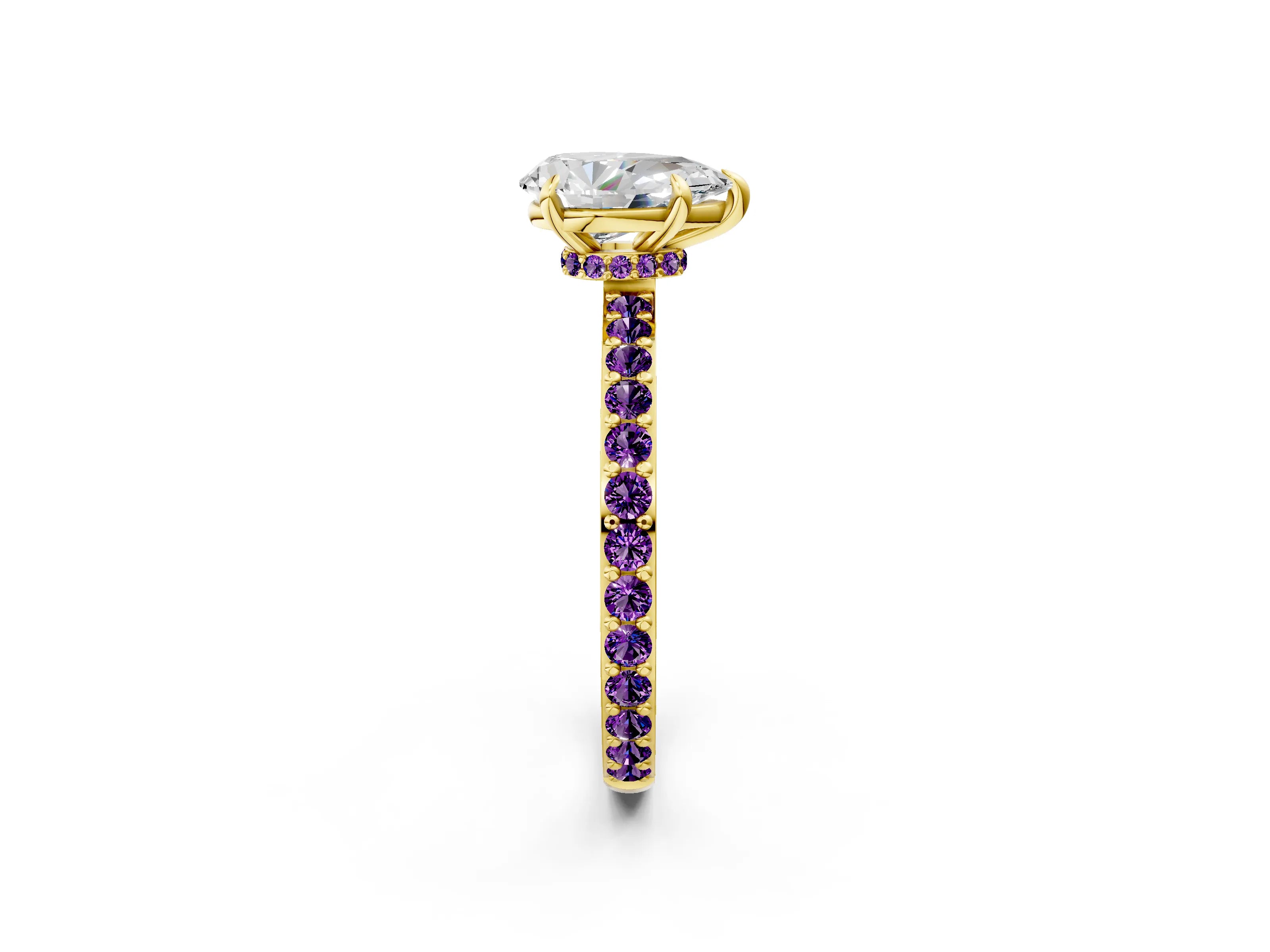 Yellow gold Pear Cut Diamond Pavé Engagement Ring with Round with Amethyst side stone Accents and Prong Setting_2
