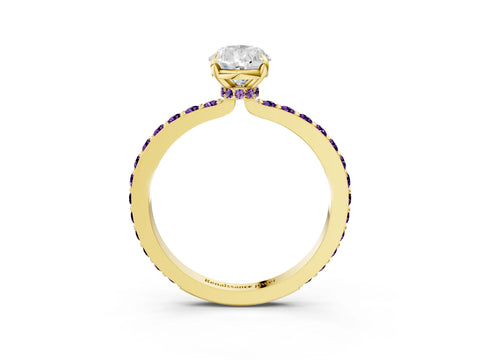 Yellow gold Pear Cut Diamond Pavé Engagement Ring with Round with Amethyst side stone Accents and Prong Setting_3
