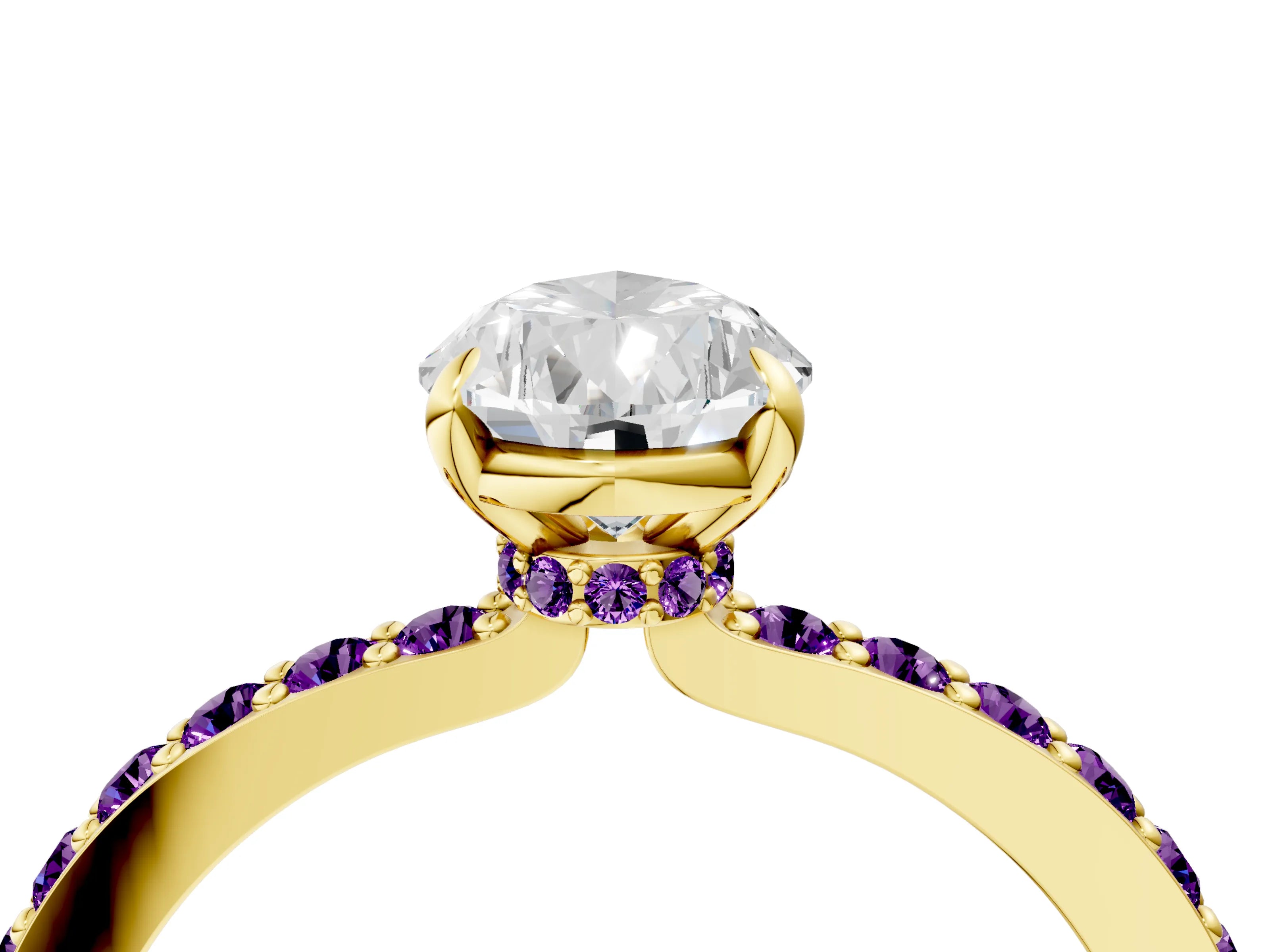 Yellow gold Pear Cut Diamond Pavé Engagement Ring with Round with Amethyst side stone Accents and Prong Setting_4
