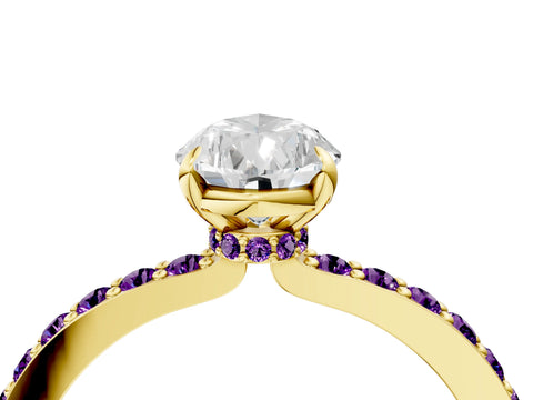 Yellow gold Pear Cut Diamond Pavé Engagement Ring with Round with Amethyst side stone Accents and Prong Setting_4