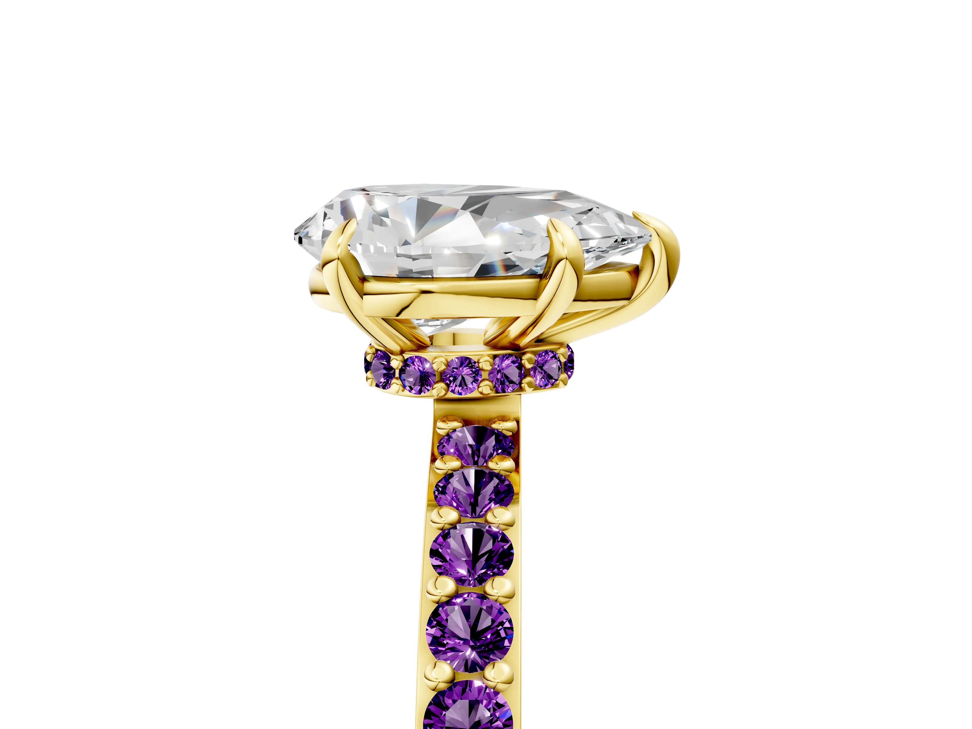 Yellow gold Pear Cut Diamond Pavé Engagement Ring with Round with Amethyst side stone Accents and Prong Setting_5