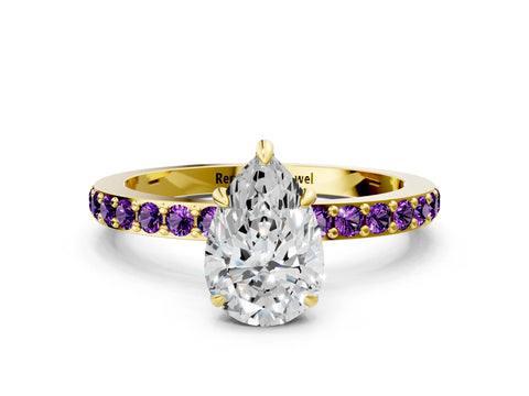 Yellow gold Pear Cut Diamond Pavé Engagement Ring with Round with Amethyst side stone Accents and Prong Setting