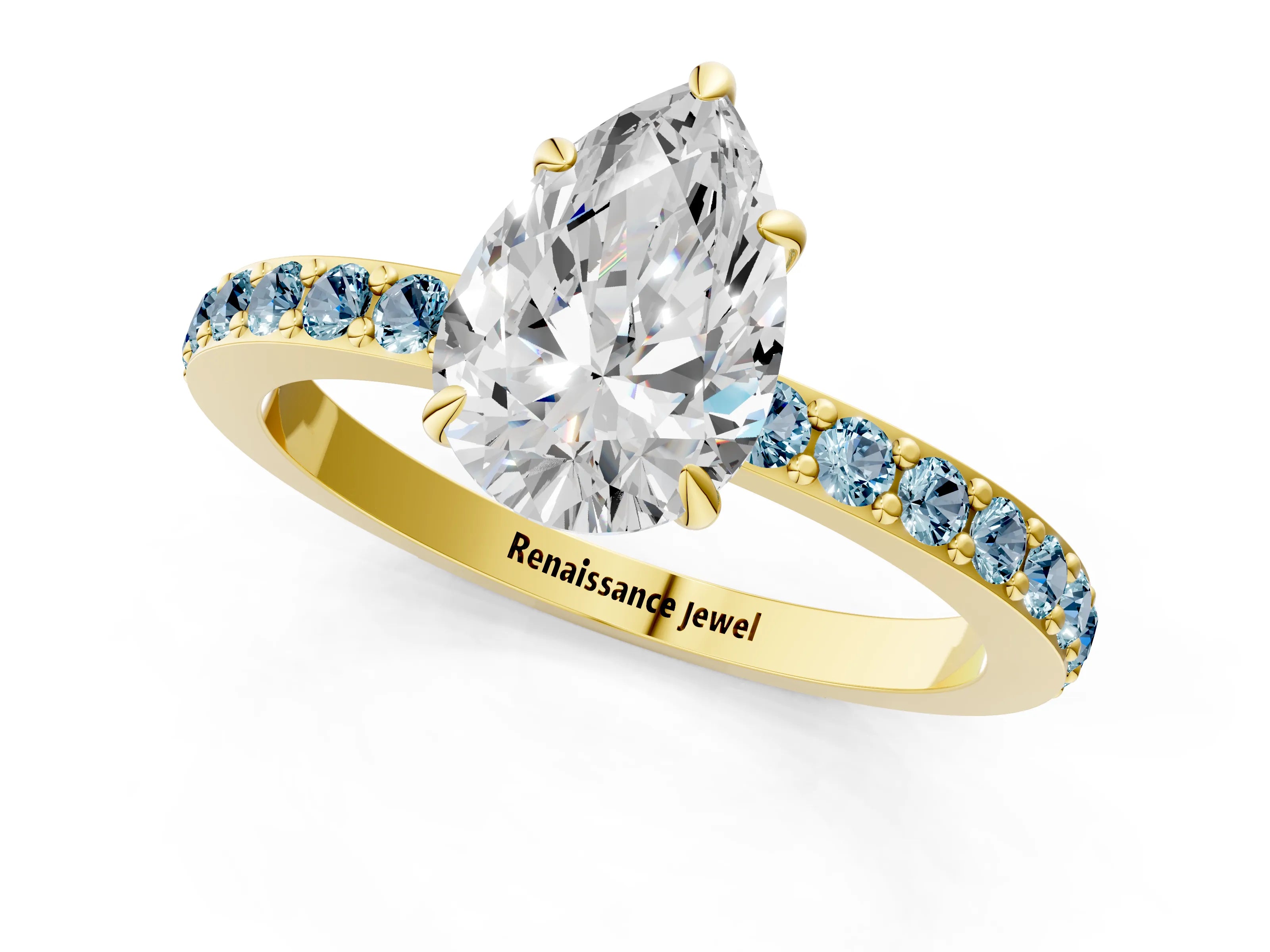 Yellow gold Pear Cut Diamond Pavé Engagement Ring with Round with Aquamarine side stone Accents and Prong Setting_1
