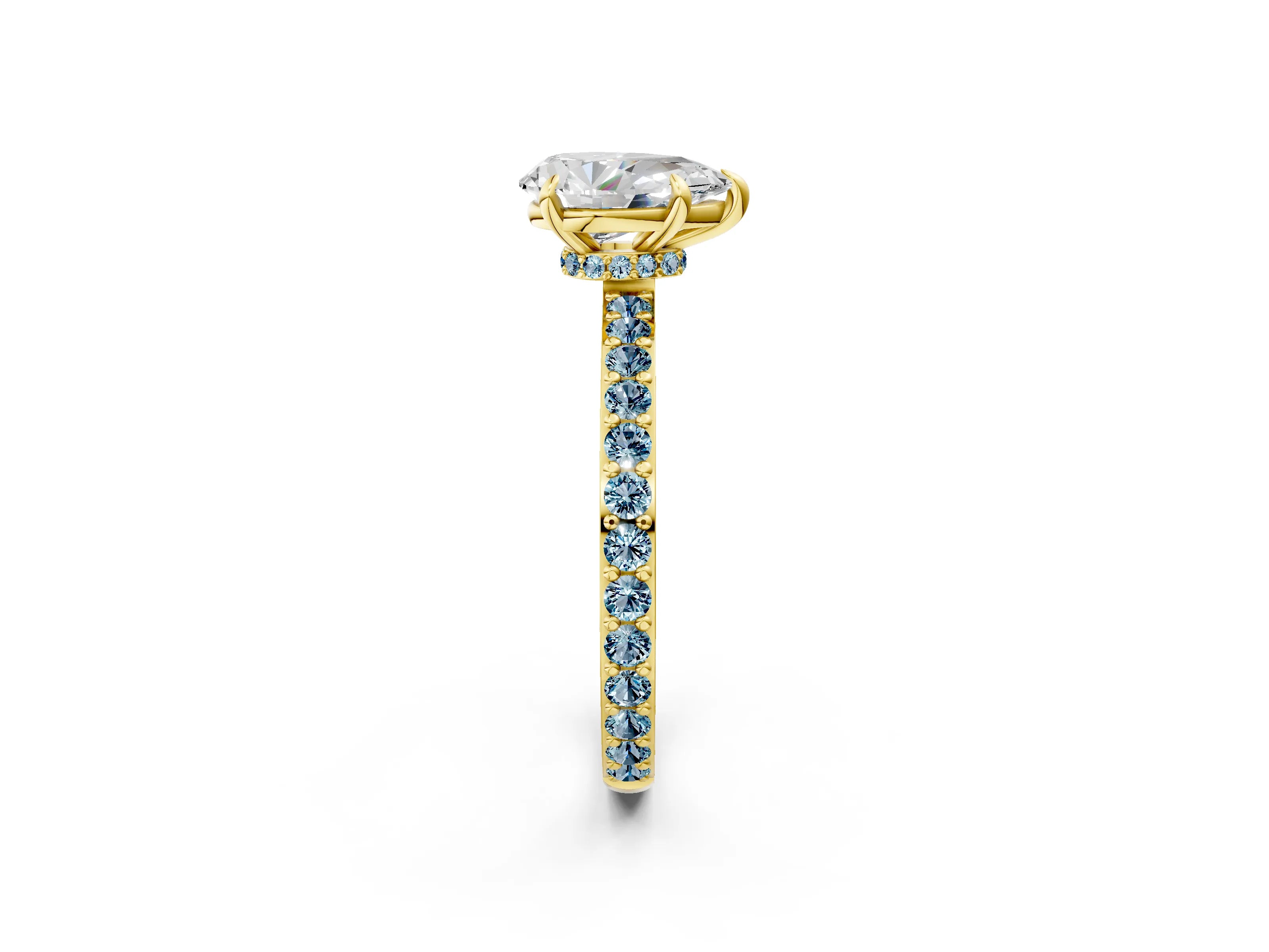 Yellow gold Pear Cut Diamond Pavé Engagement Ring with Round with Aquamarine side stone Accents and Prong Setting_2