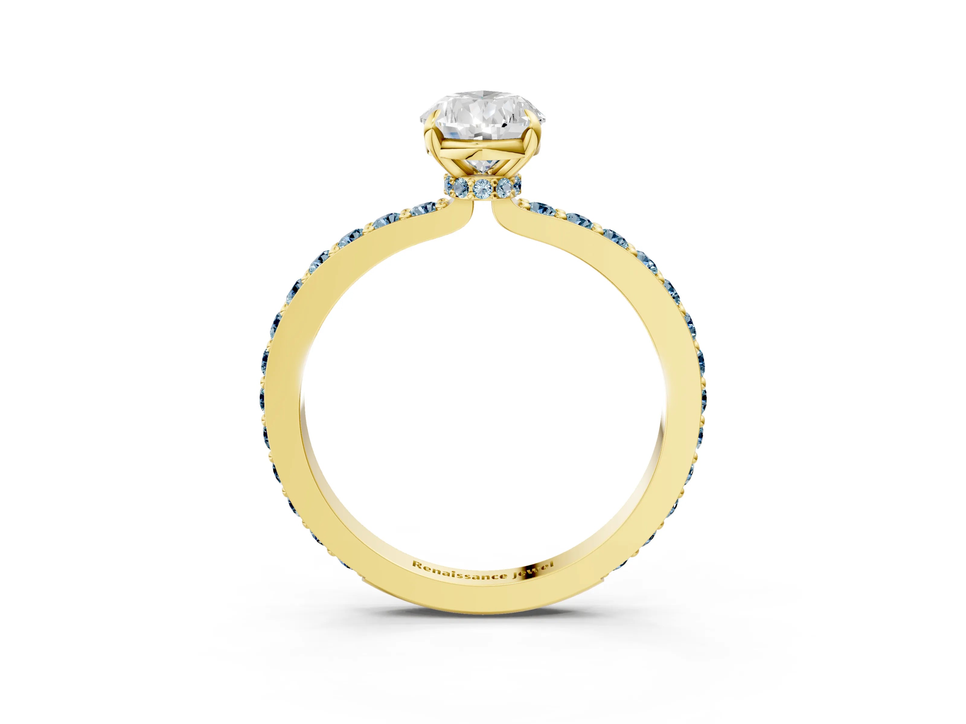 Yellow gold Pear Cut Diamond Pavé Engagement Ring with Round with Aquamarine side stone Accents and Prong Setting_3