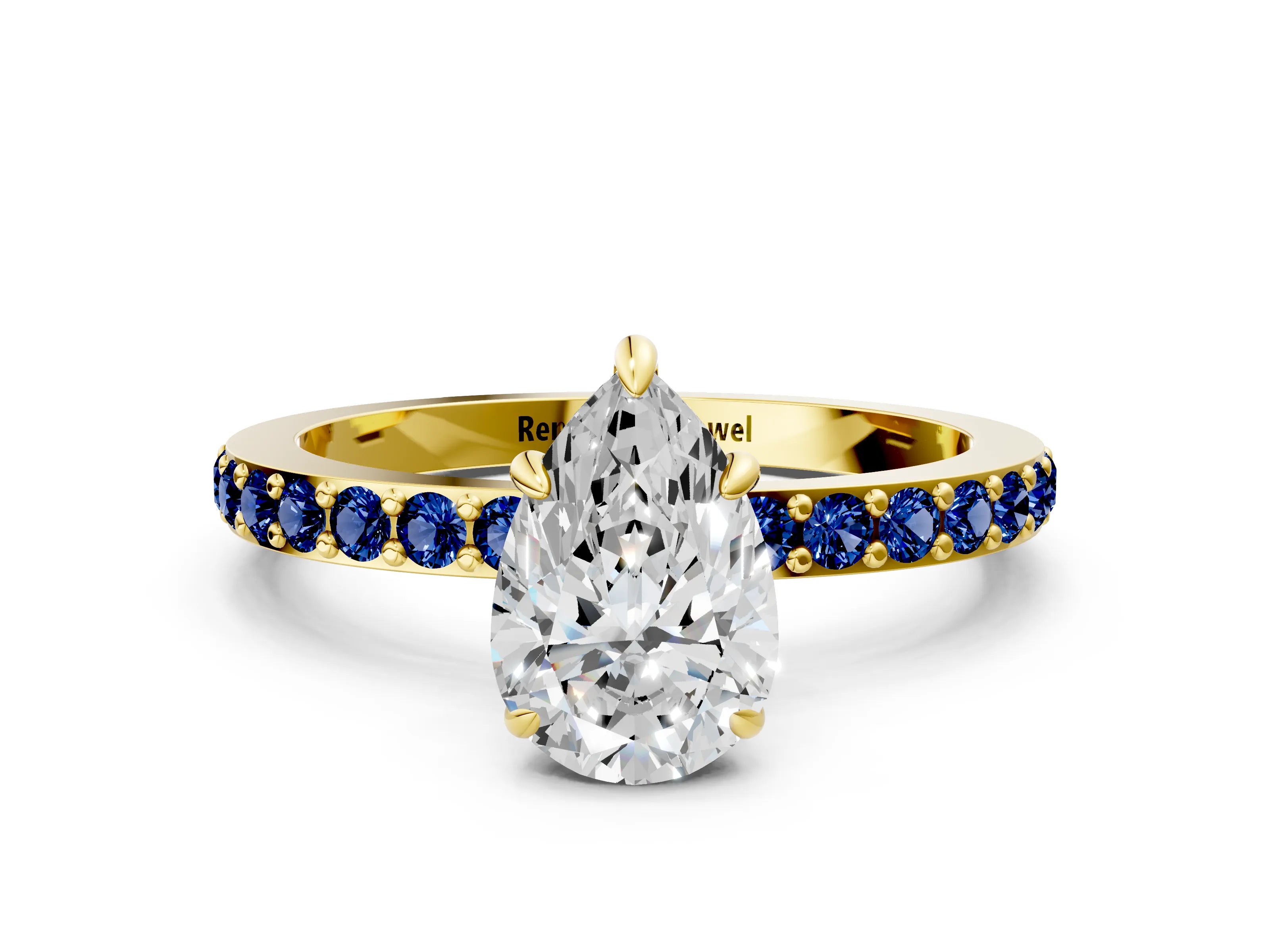 Yellow gold Pear Cut Diamond Pavé Engagement Ring with Round with Blue Sapphire side stone Accents and Prong Setting