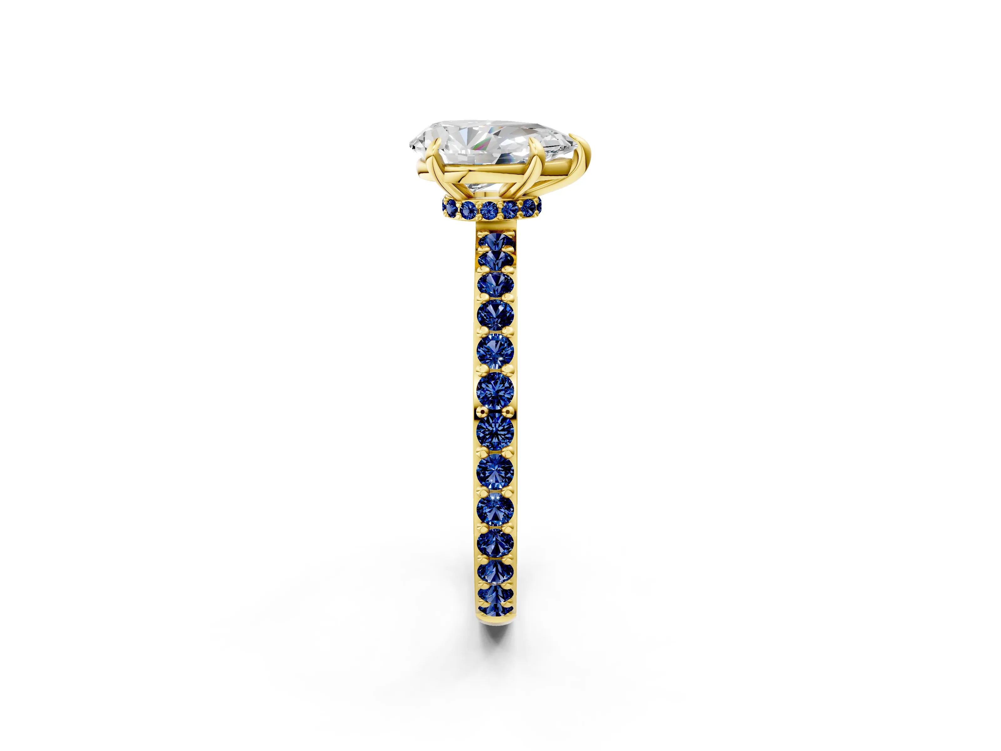 Yellow gold Pear Cut Diamond Pavé Engagement Ring with Round with Blue Sapphire side stone Accents and Prong Setting_2