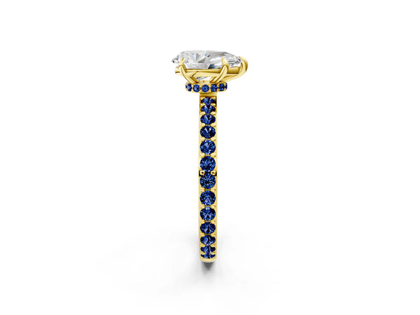 Yellow Gold Pear-Shaped Hidden Halo Engagement Ring Setting with Lab-Grown Blue Sapphire Pave Band