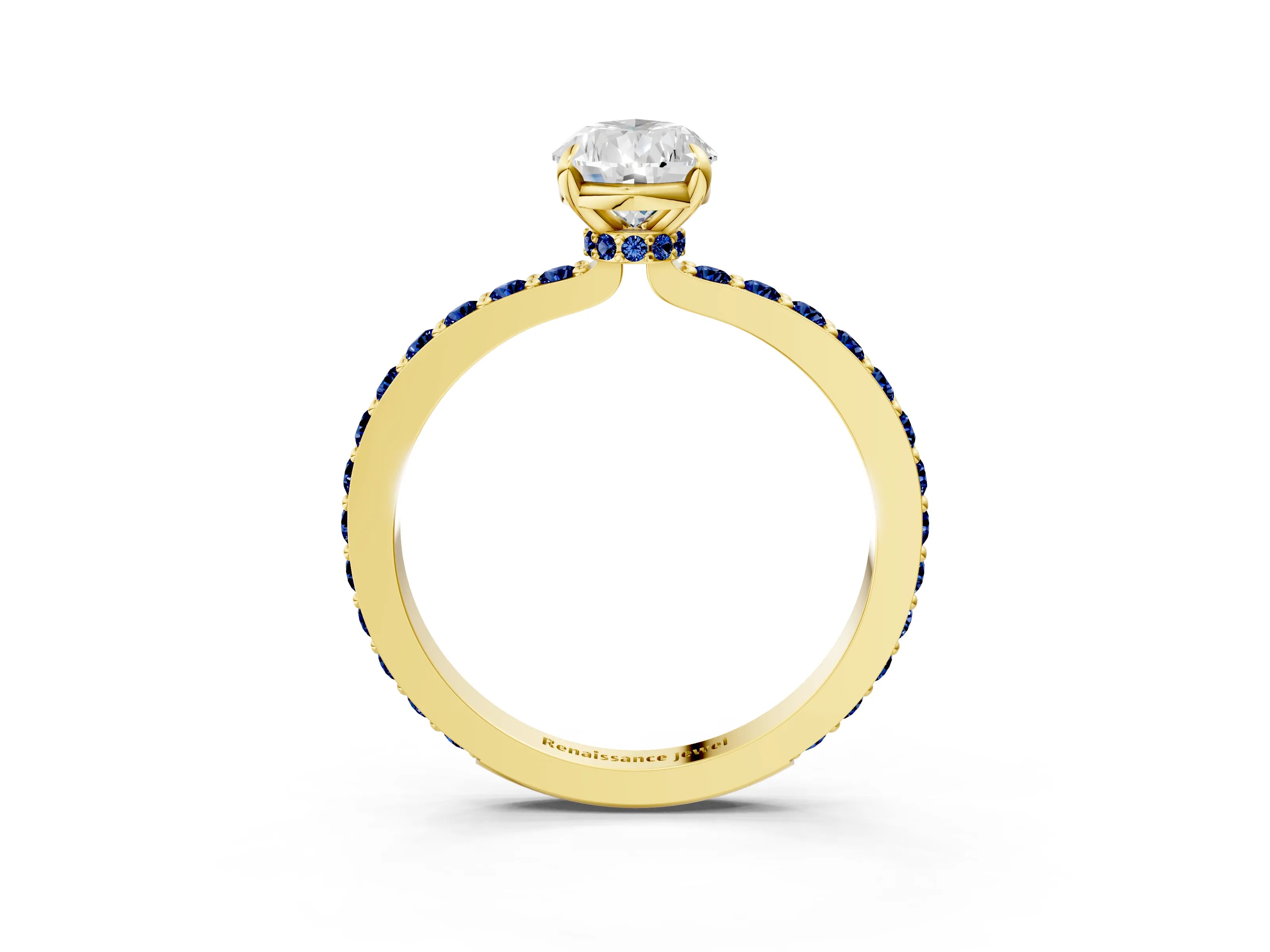 Yellow gold Pear Cut Diamond Pavé Engagement Ring with Round with Blue Sapphire side stone Accents and Prong Setting_3