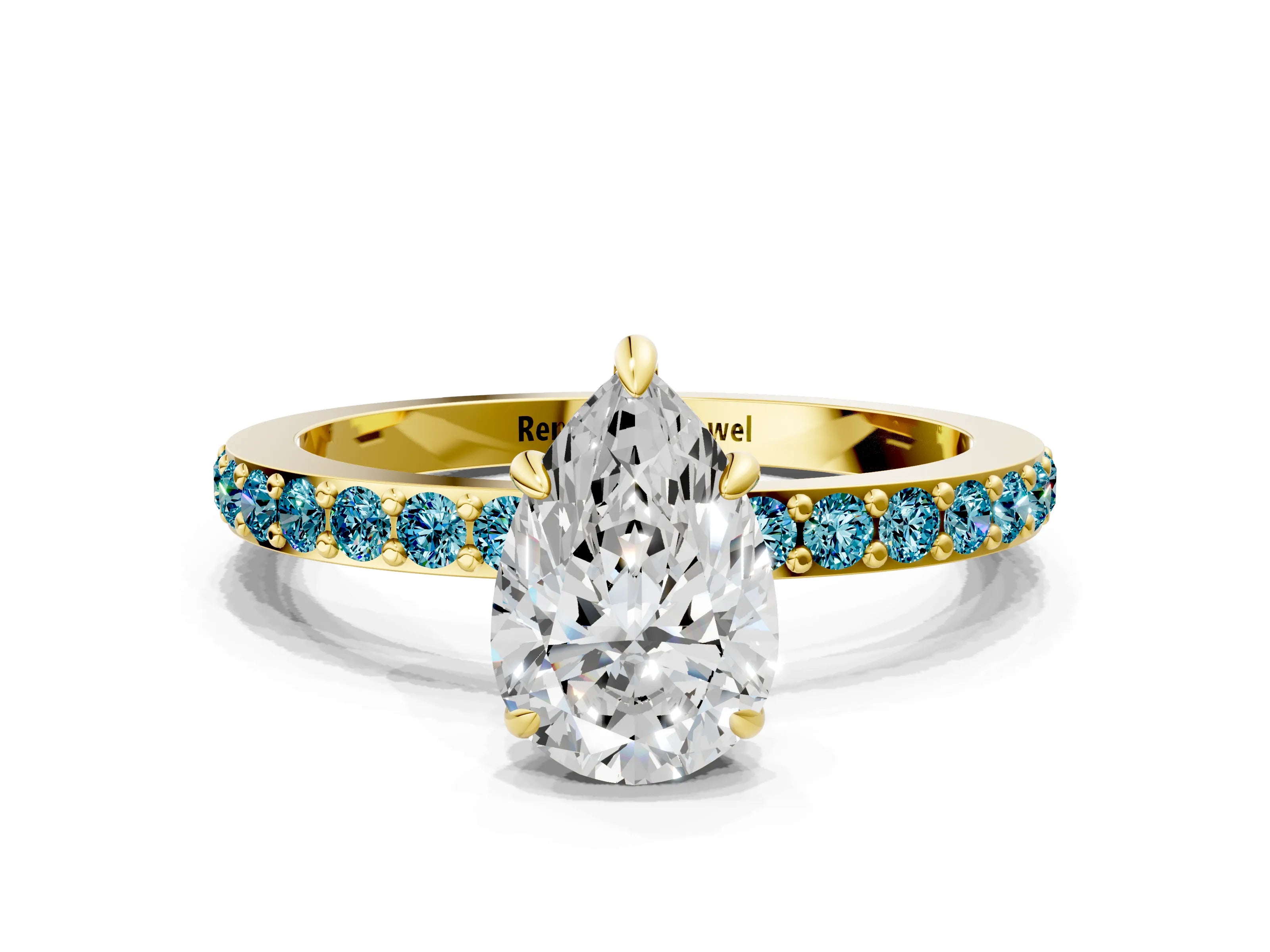 Yellow gold Pear Cut Diamond Pavé Engagement Ring with Round with Blue Topaz side stone Accents and Prong Setting