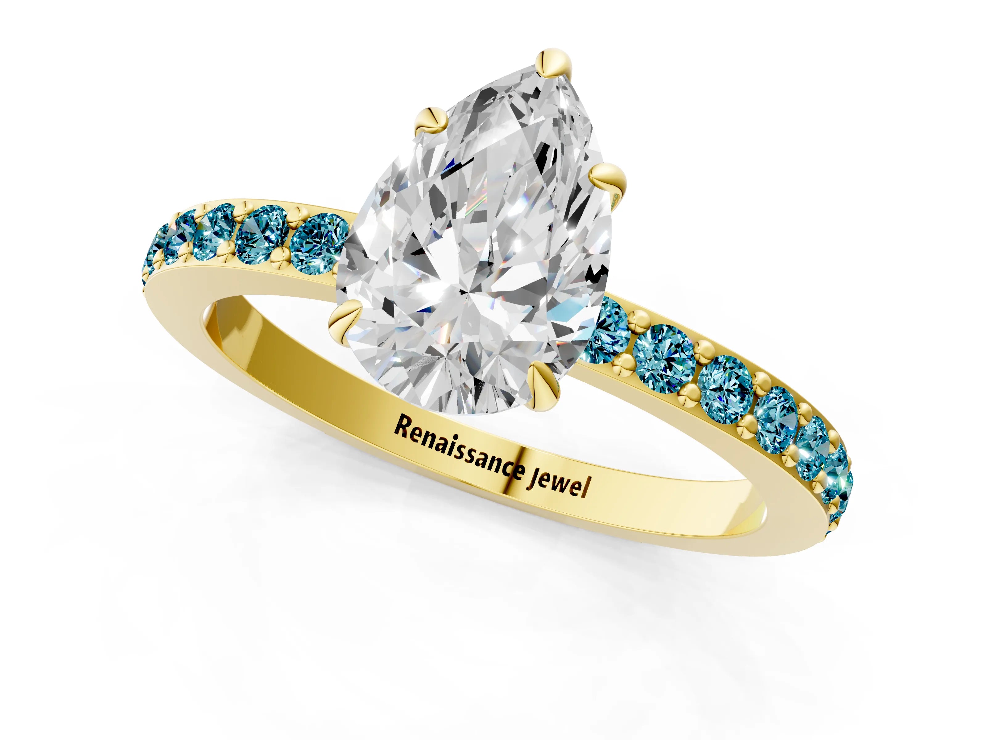 Yellow gold Pear Cut Diamond Pavé Engagement Ring with Round with Blue Topaz side stone Accents and Prong Setting_1