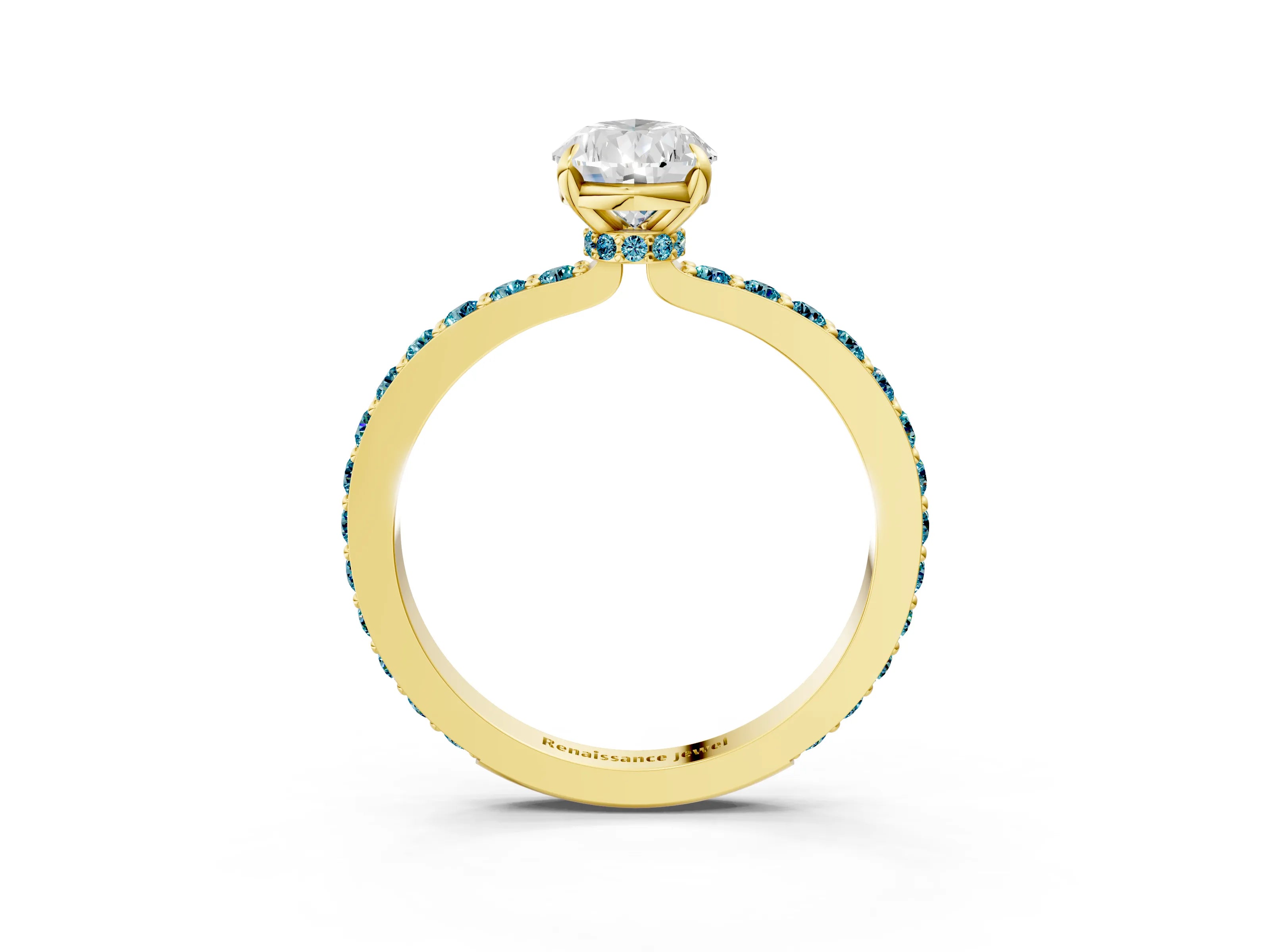 Yellow gold Pear Cut Diamond Pavé Engagement Ring with Round with Blue Topaz side stone Accents and Prong Setting_3