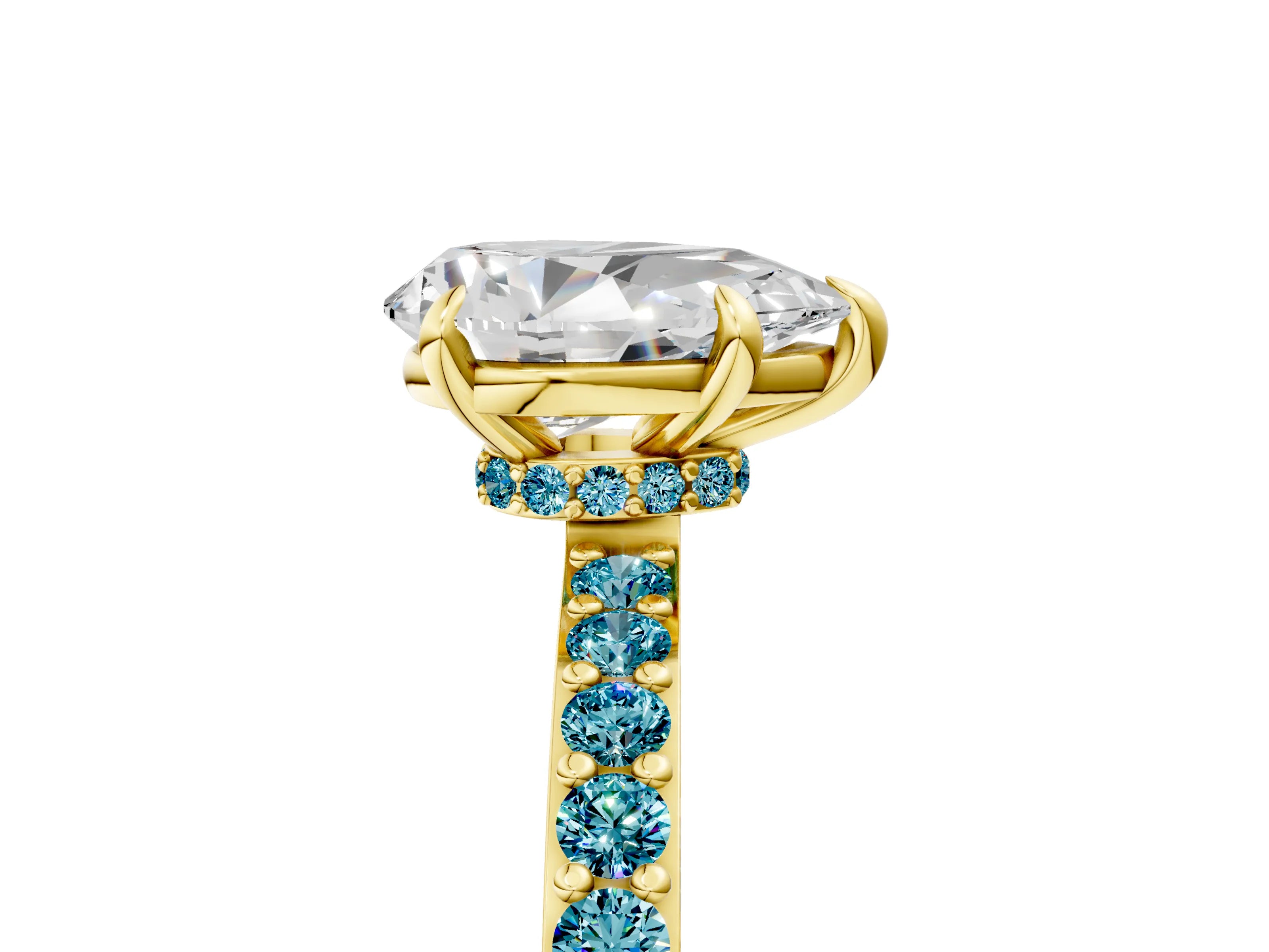 Yellow gold Pear Cut Diamond Pavé Engagement Ring with Round with Blue Topaz side stone Accents and Prong Setting_5