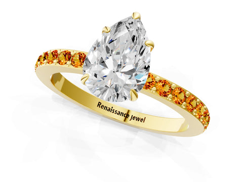 Yellow gold Pear Cut Diamond Pavé Engagement Ring with Round with Citrine side stone Accents and Prong Setting_1