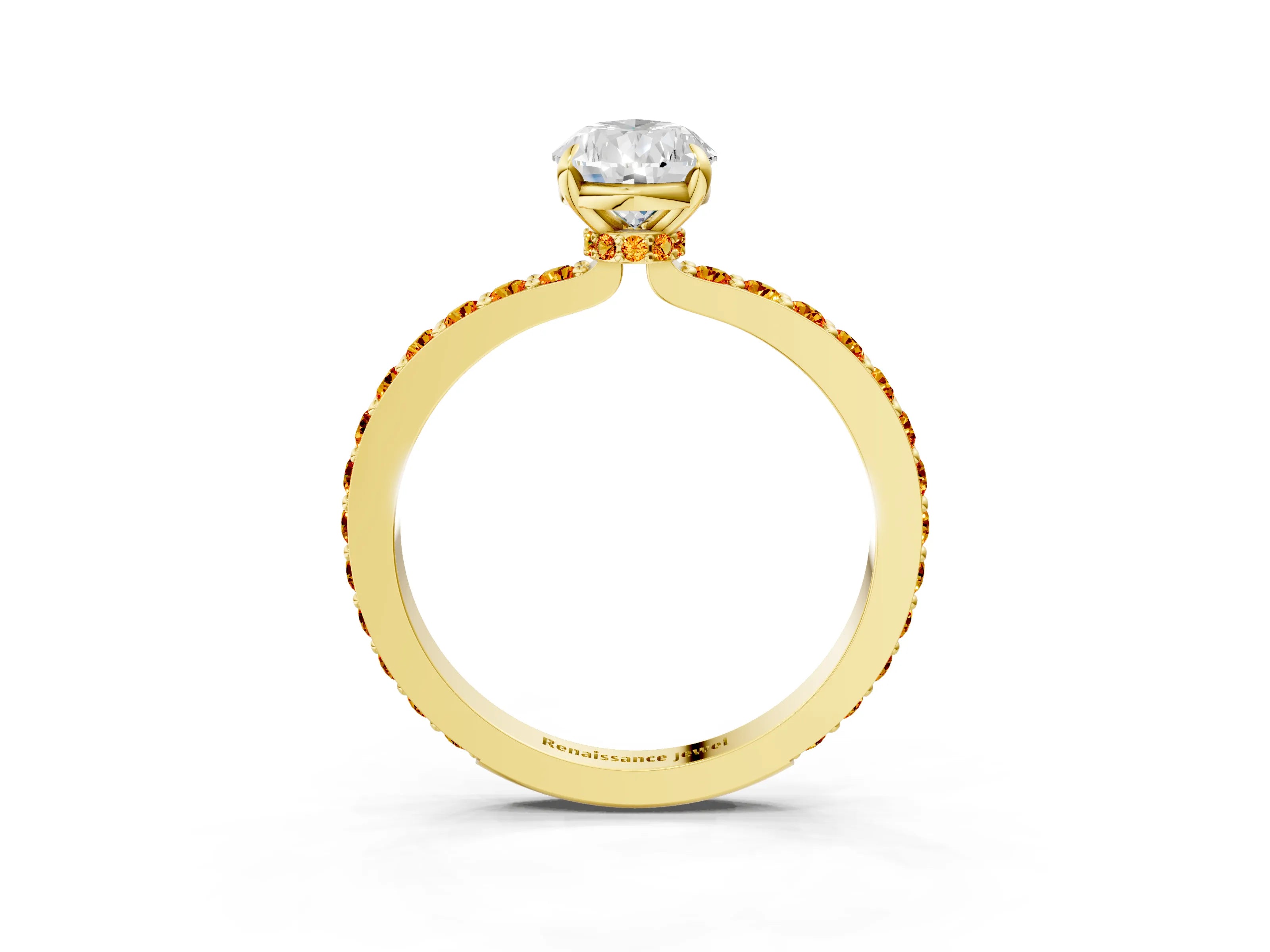 Yellow gold Pear Cut Diamond Pavé Engagement Ring with Round with Citrine side stone Accents and Prong Setting_3