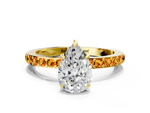 Yellow gold Pear Cut Diamond Pavé Engagement Ring with Round with Citrine side stone Accents and Prong Setting
