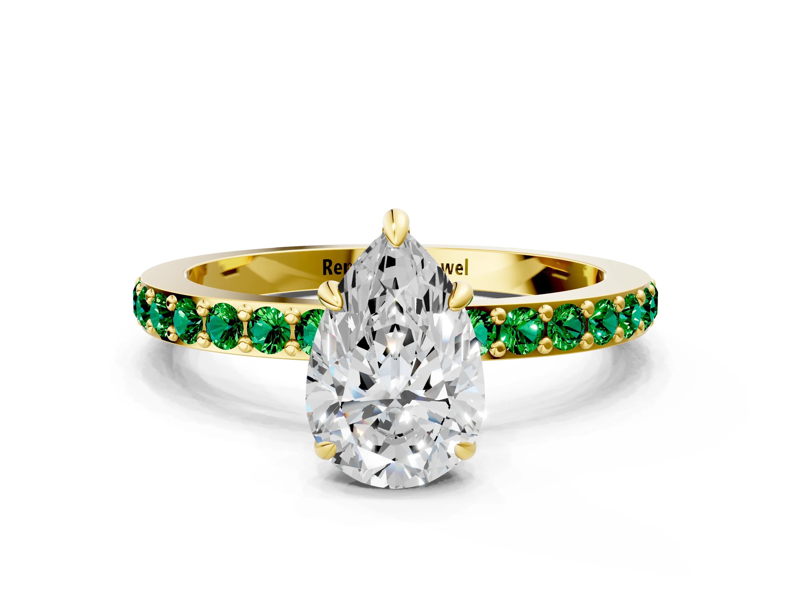 Yellow gold Pear Cut Diamond Pavé Engagement Ring with Round with Emerald side stone Accents and Prong Setting