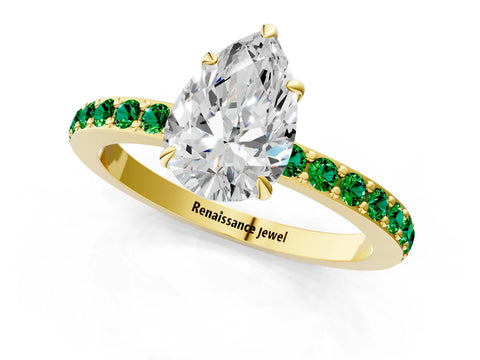 Yellow gold Pear Cut Diamond Pavé Engagement Ring with Round with Emerald side stone Accents and Prong Setting_1