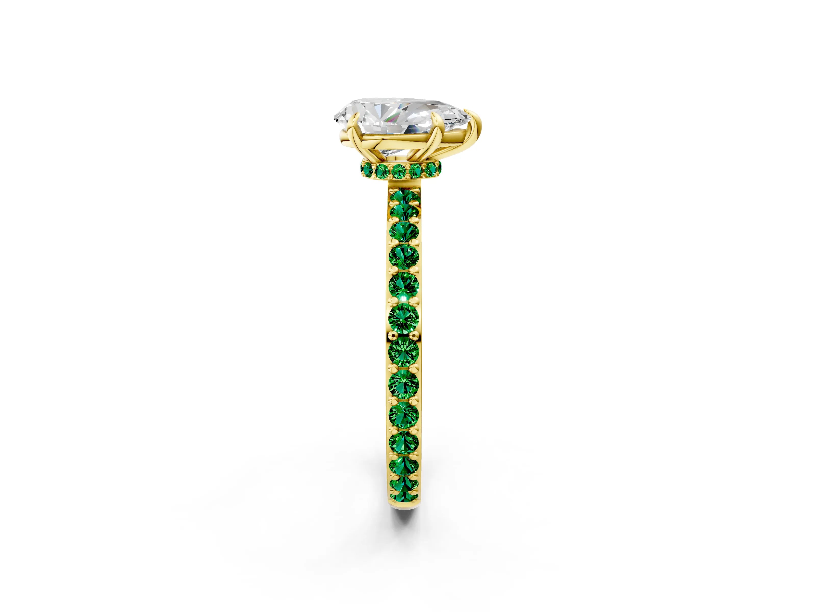 Yellow gold Pear Cut Diamond Pavé Engagement Ring with Round with Emerald side stone Accents and Prong Setting_2