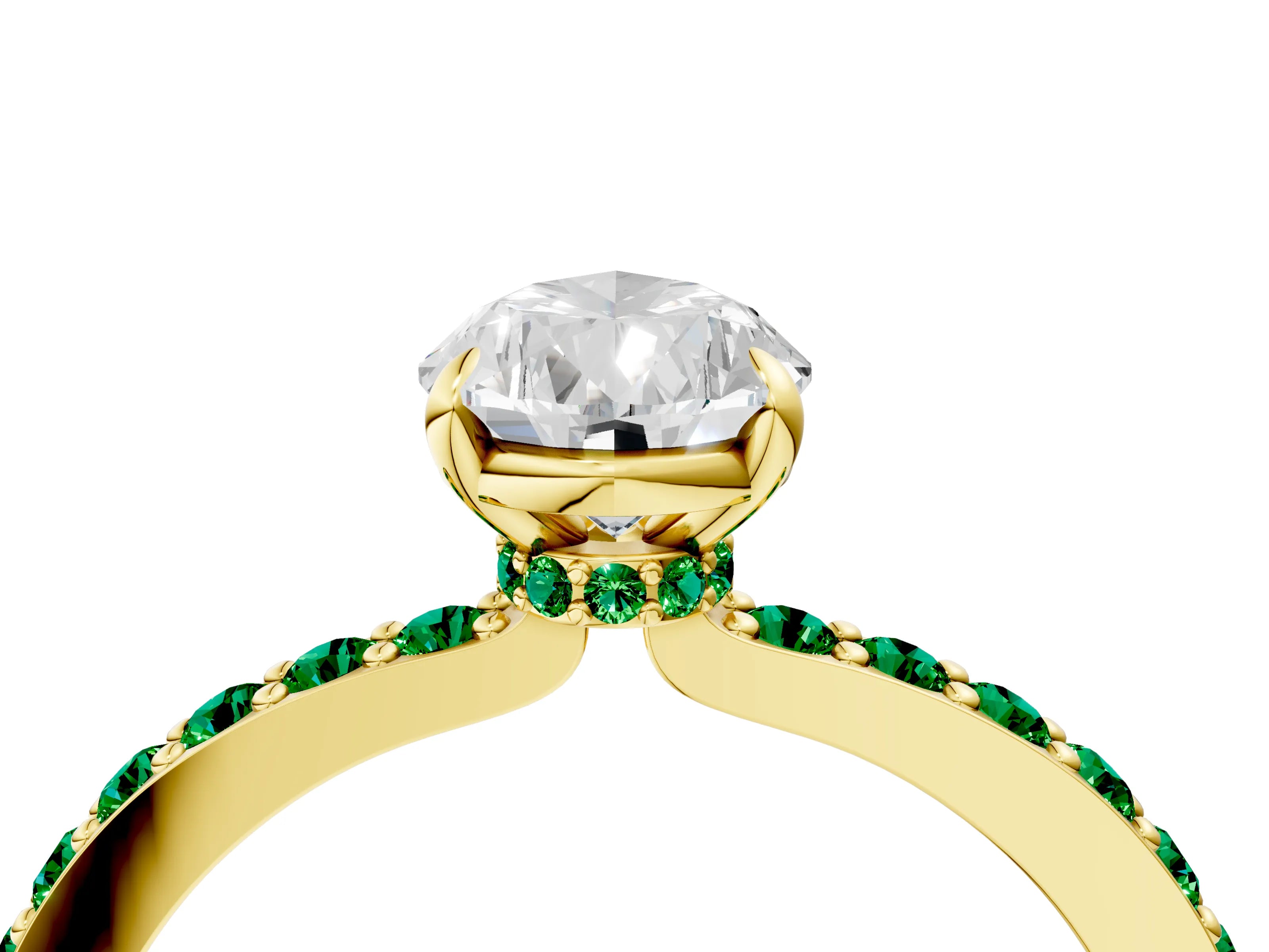 Yellow gold Pear Cut Diamond Pavé Engagement Ring with Round with Emerald side stone Accents and Prong Setting_4