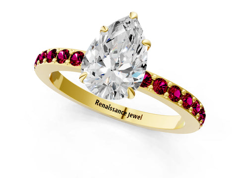 Yellow gold Pear Cut Diamond Pavé Engagement Ring with Round with Garnet side stone Accents and Prong Setting_1